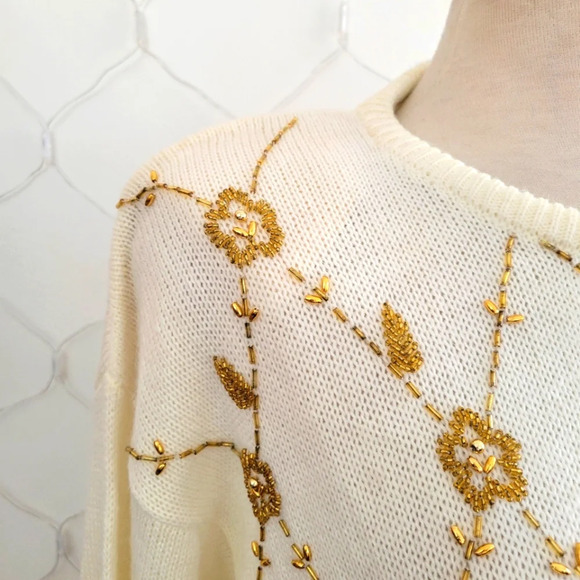 Vintage Beaded Sweater • Cream & Gold • Crew • Large • Stunning - Picture 2 of 8